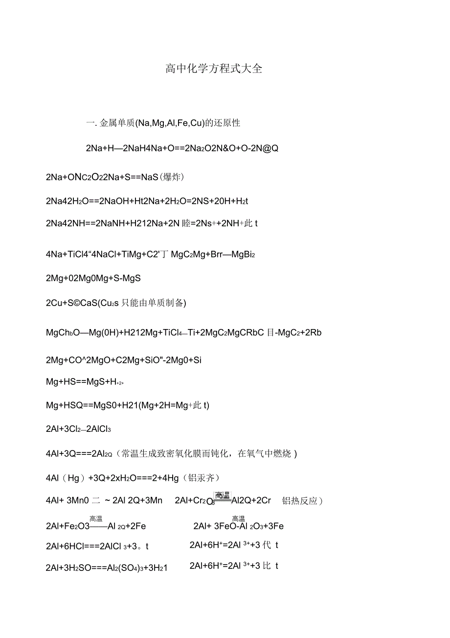 人教版高中化学方程式大全_第1页