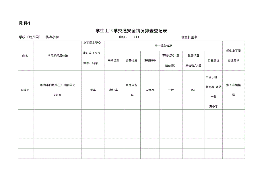 学生上下学交通安全情况排查登记表(样表)_第1页