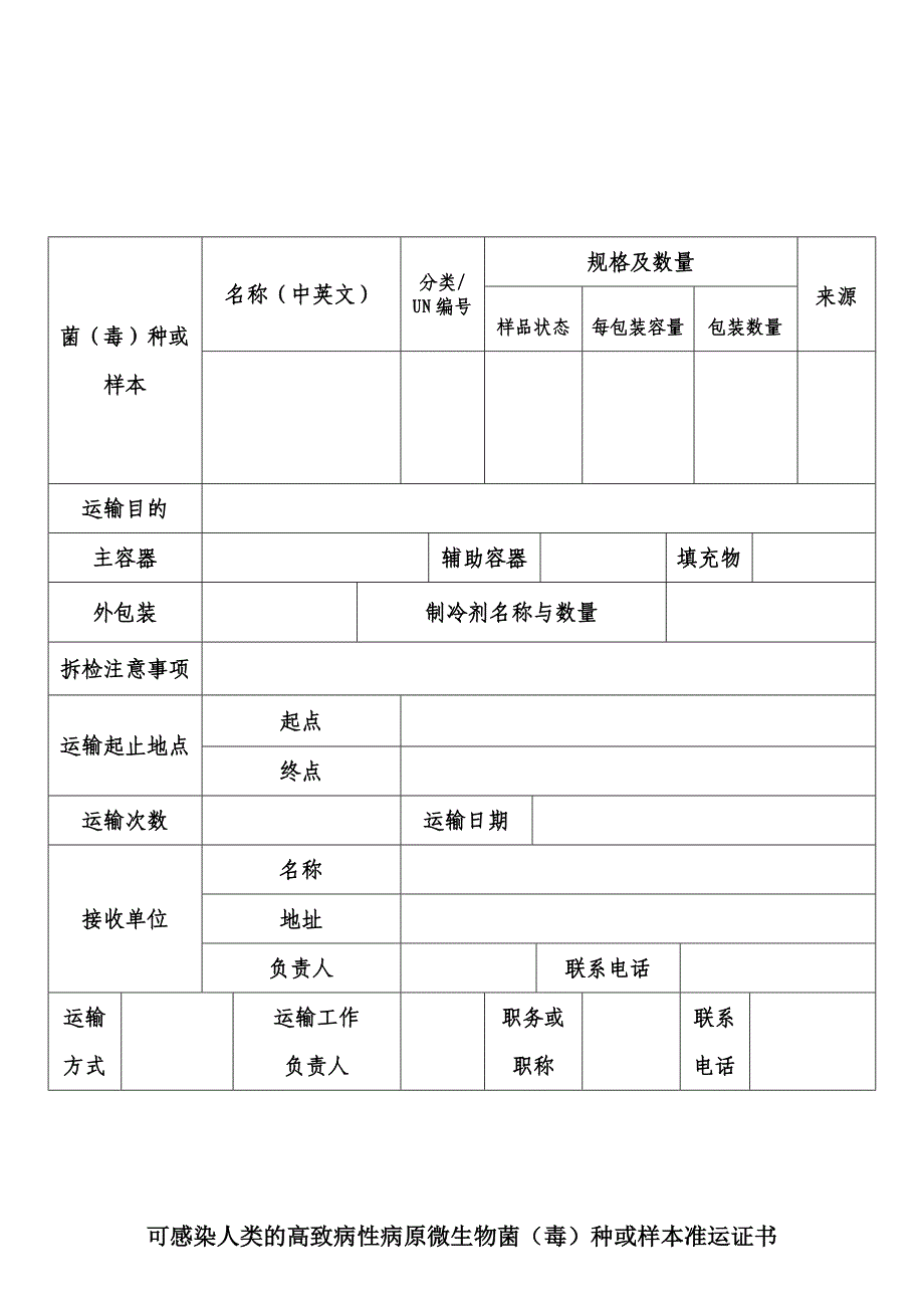 可感染人类的高致病性病原微生物菌毒种或样本运输申请表.doc_第2页