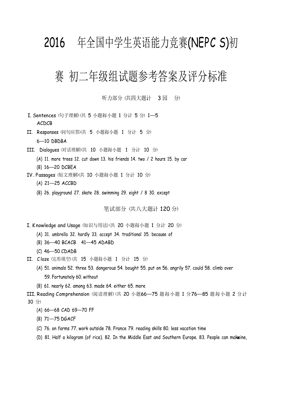 2016年全国中学生英语能力竞赛初二_第1页