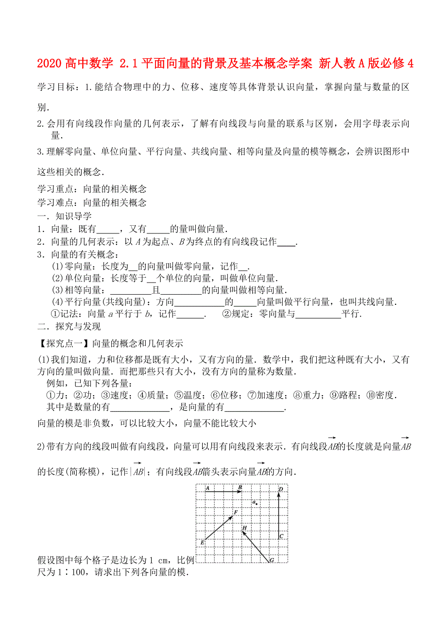 2020高中数学2.1平面向量的背景及基本概念学案新人教A版必修4通用_第1页