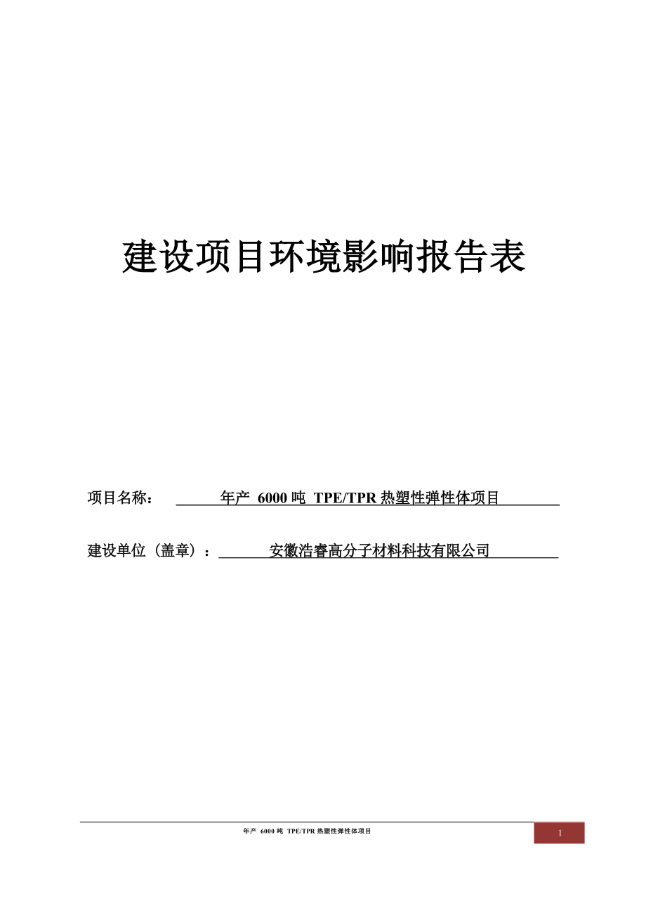 安徽浩睿高分子材料科技有限公司年产6000吨TPE_TPR热塑性弹性体项目环境影响报告表.docx_第1页