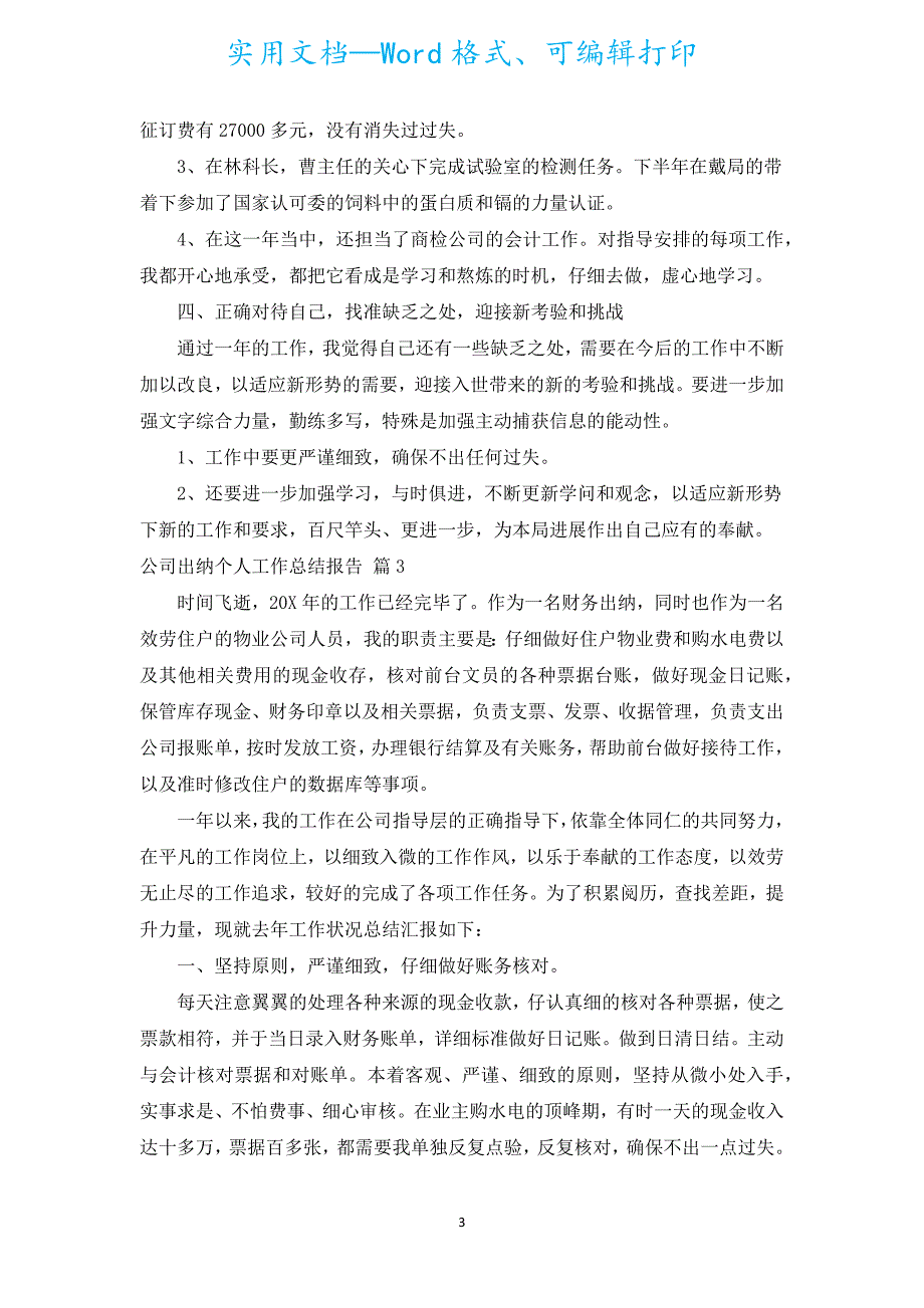 公司出纳个人工作总结报告（通用18篇）.docx_第3页