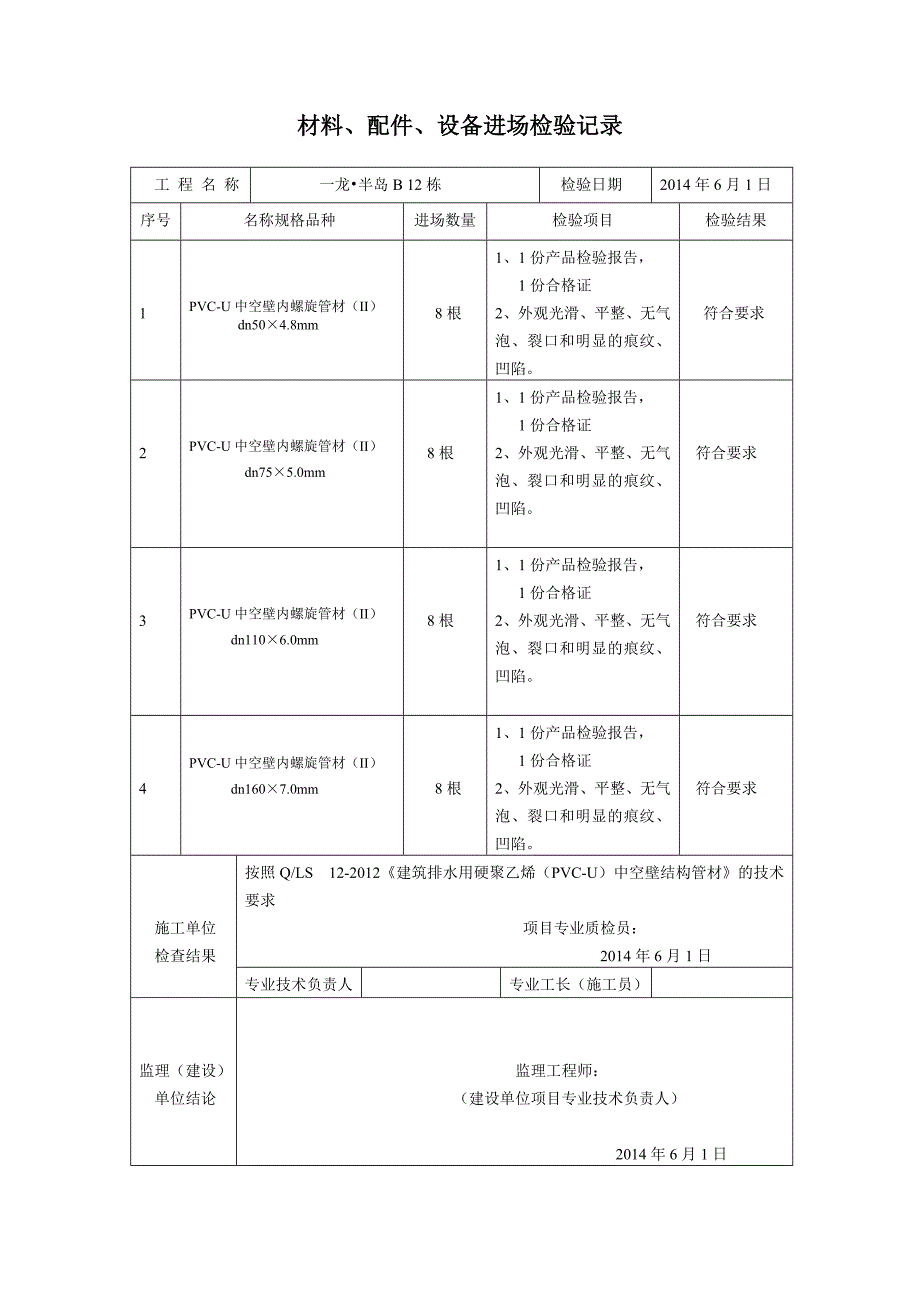 一龙半岛B栋材料配件设备进场检验记录_第2页