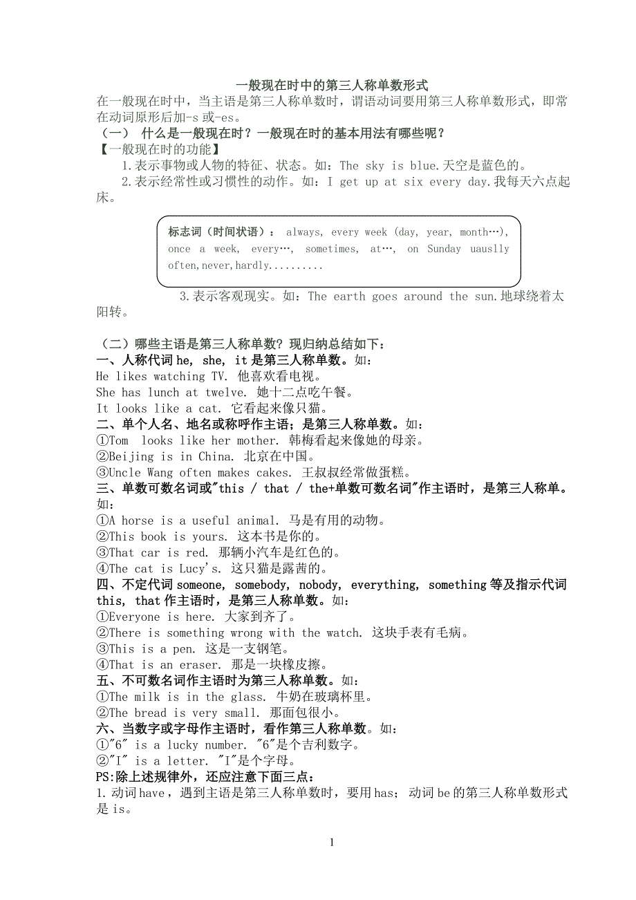 一般现在时第三人称单数形式用法+练习.doc_第1页