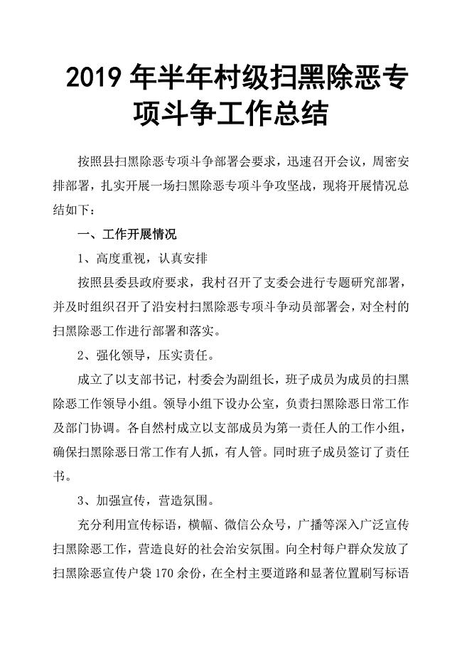 2019年半年村级扫黑除恶专项斗争工作总结