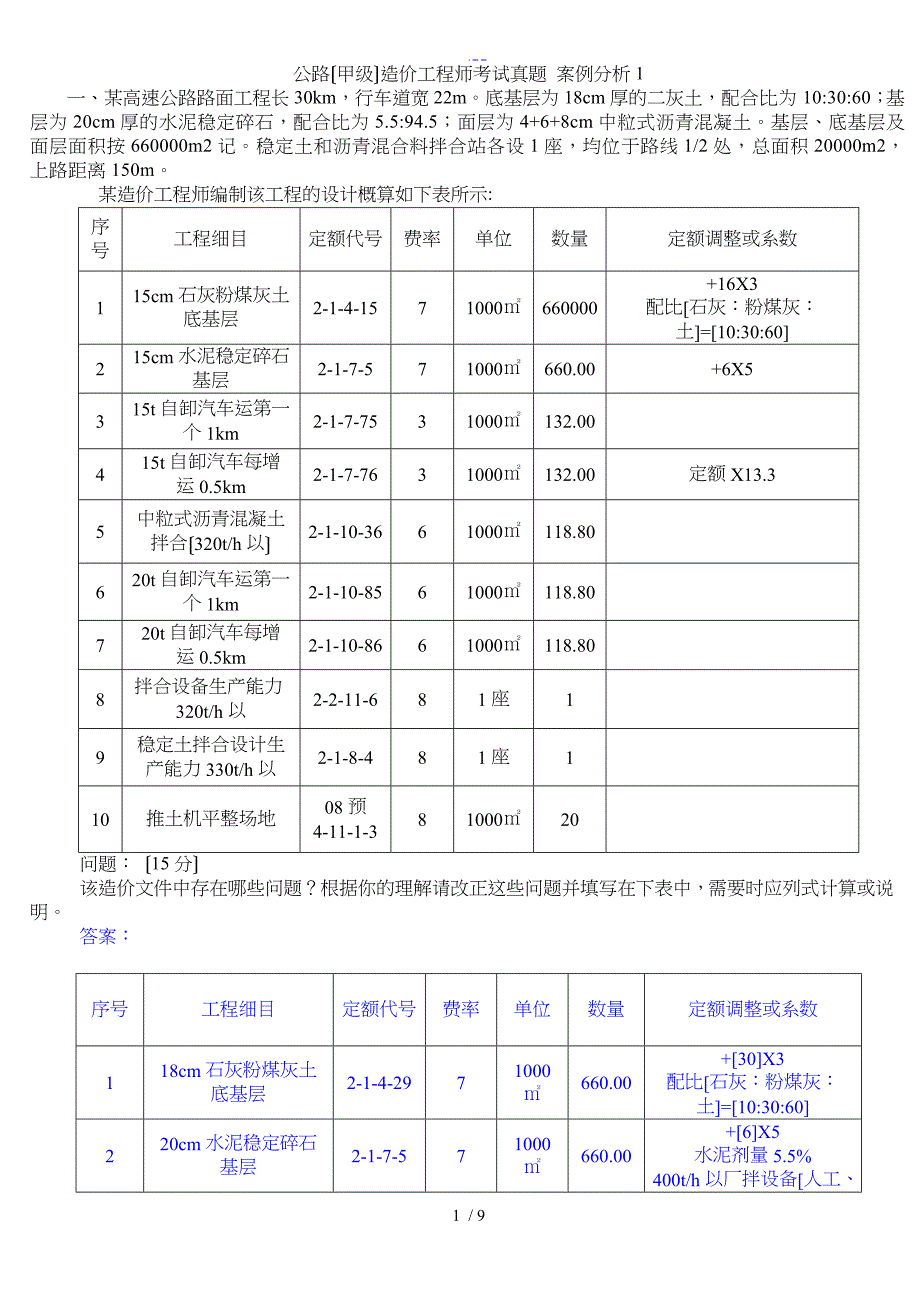 公路（甲级）造价工程师考试真题案例分析答案_第1页