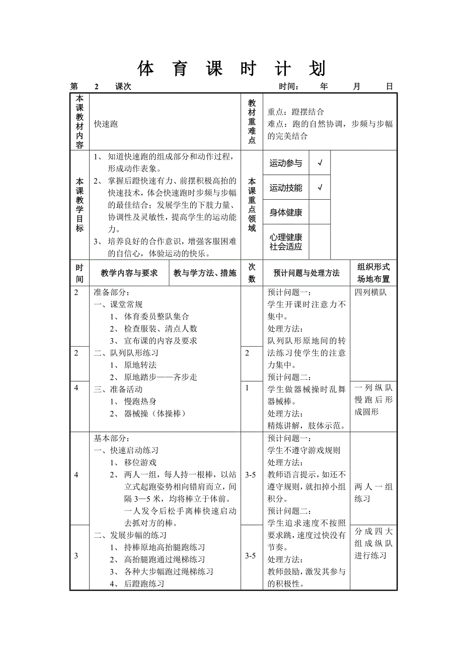 快速跑单元教学计划（共　4　课次）_第2页