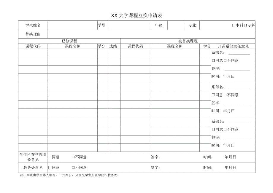 XX大学课程学分互换申请表_第1页