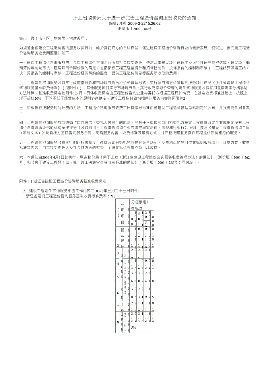 浙江省建设工程造价咨询收费标准浙价服(2009)84号_第1页