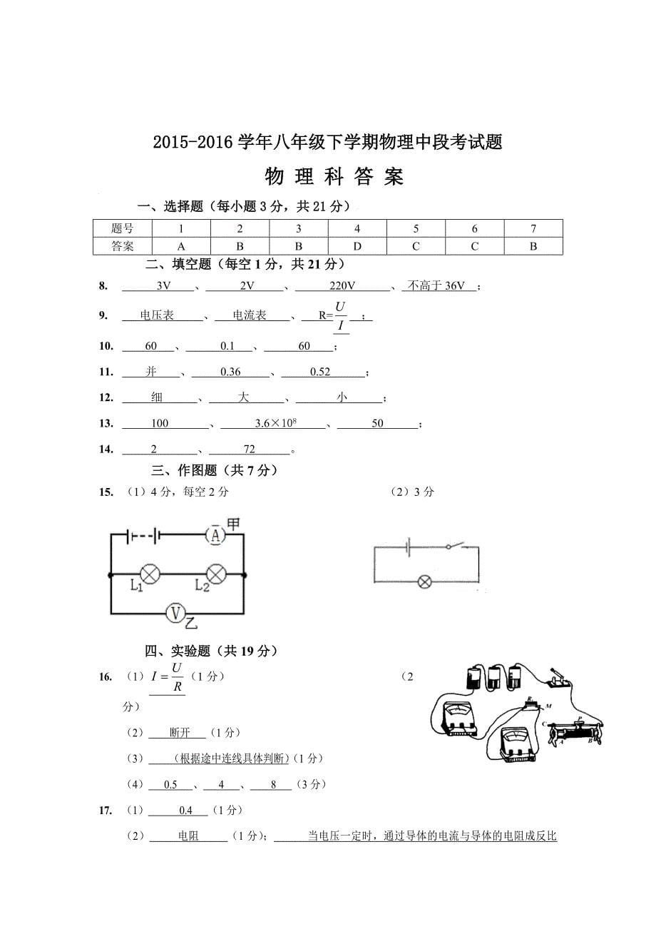 2015-2016学年度八年级物理第二学期中段考试卷及答案_第5页