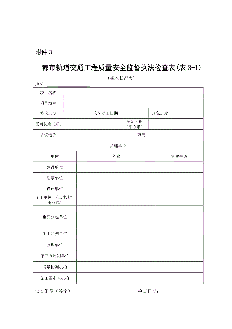 城市轨道交通工程质量安全监督执法检查表剖析_第1页