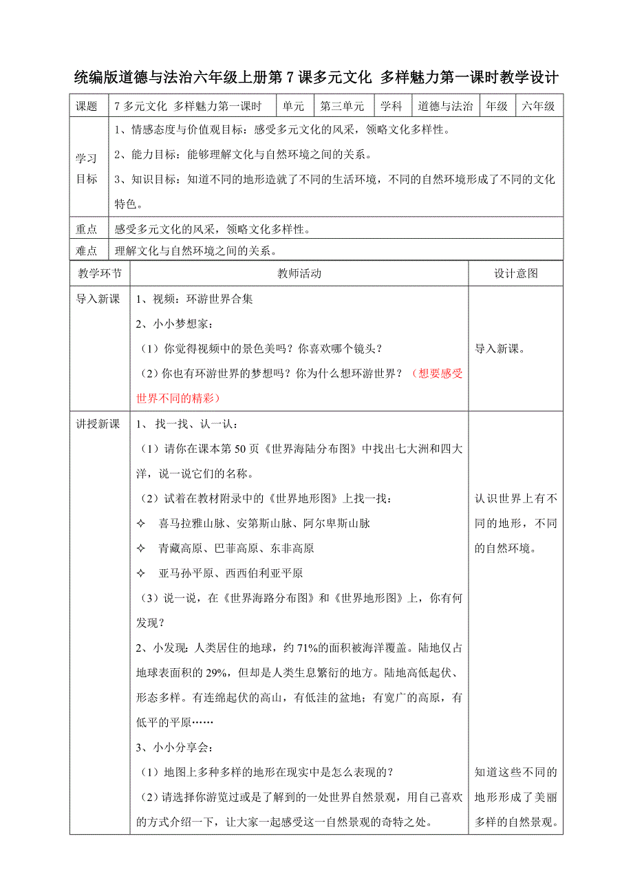 部编版六年级道德与法治下册7《多元文化多样魅力》第一课时教案_第1页