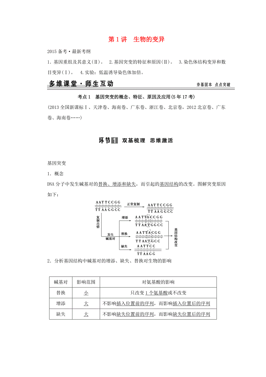 （山东专用）2015年高考生物 第三单元 第1讲 生物的变异教学案 新人教版必修_第1页