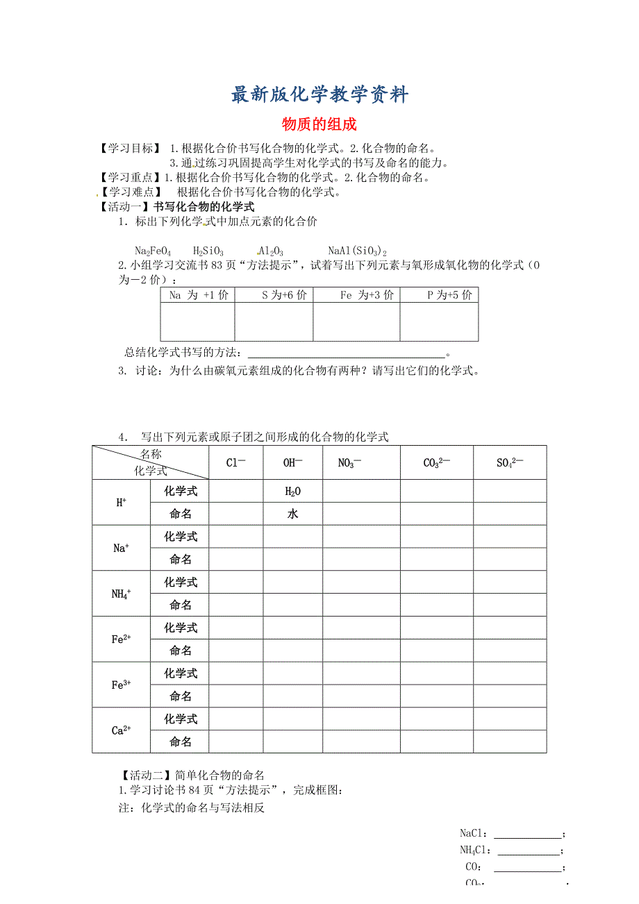 【最新版】江苏省铜山区清华中学九年级化学全册 3.3 物质的组成学案3沪教版_第1页