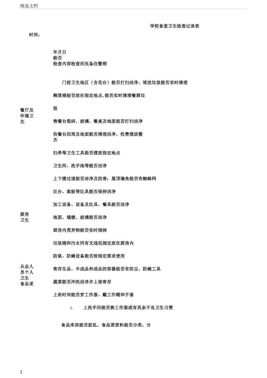 学校食堂卫生检查记录表格.docx_第1页