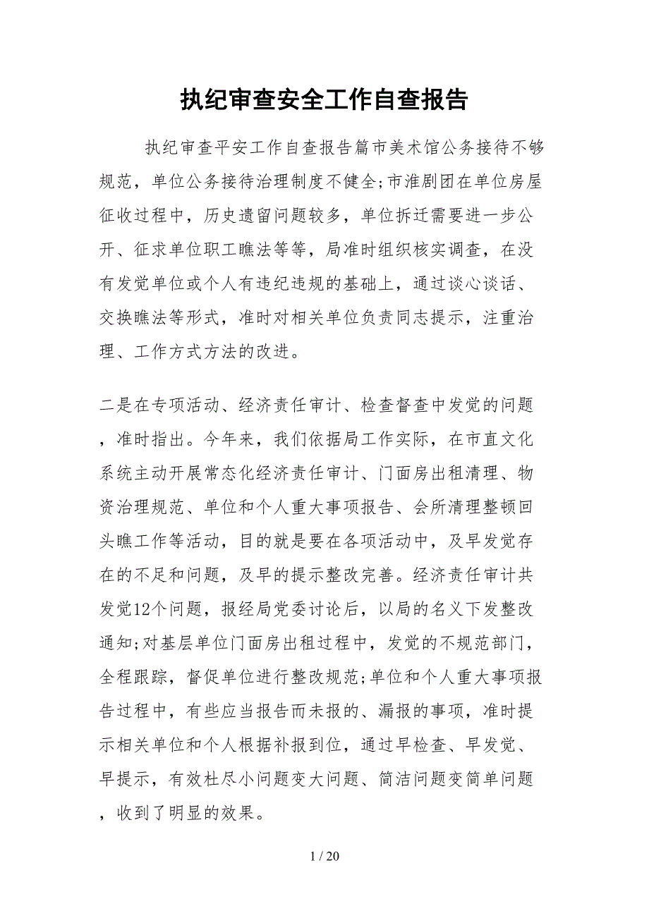 2021执纪审查安全工作自查报告_第1页