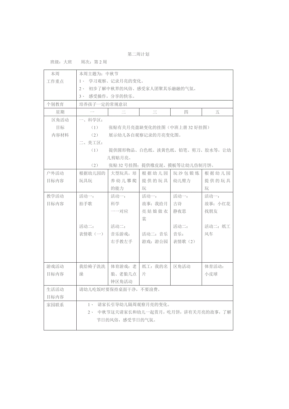 大班幼儿园周工作计划231表_第2页