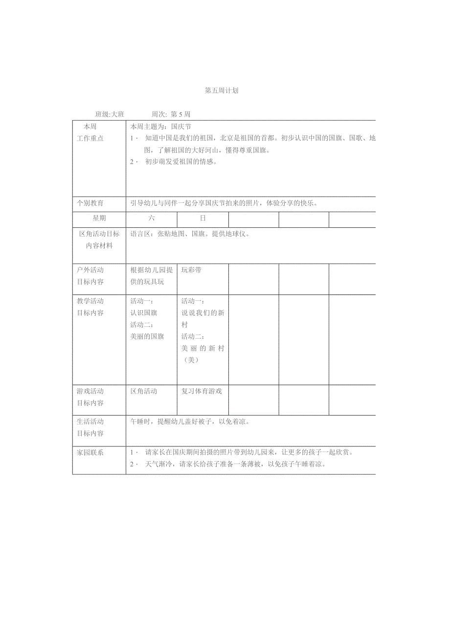 大班幼儿园周工作计划231表_第5页