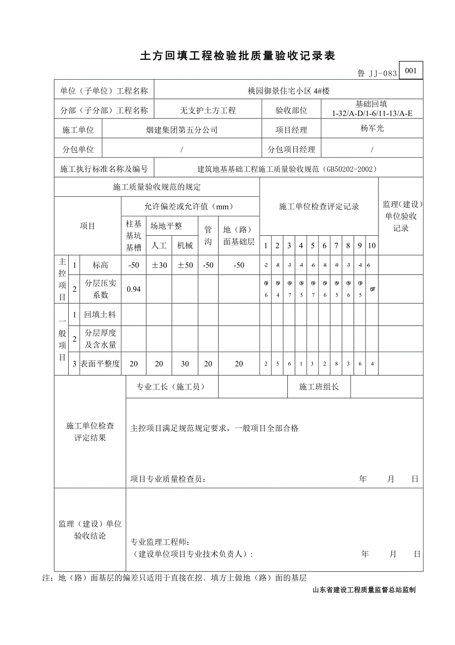 鲁JJ-083土方回填工程检验质量验收记录表_第1页