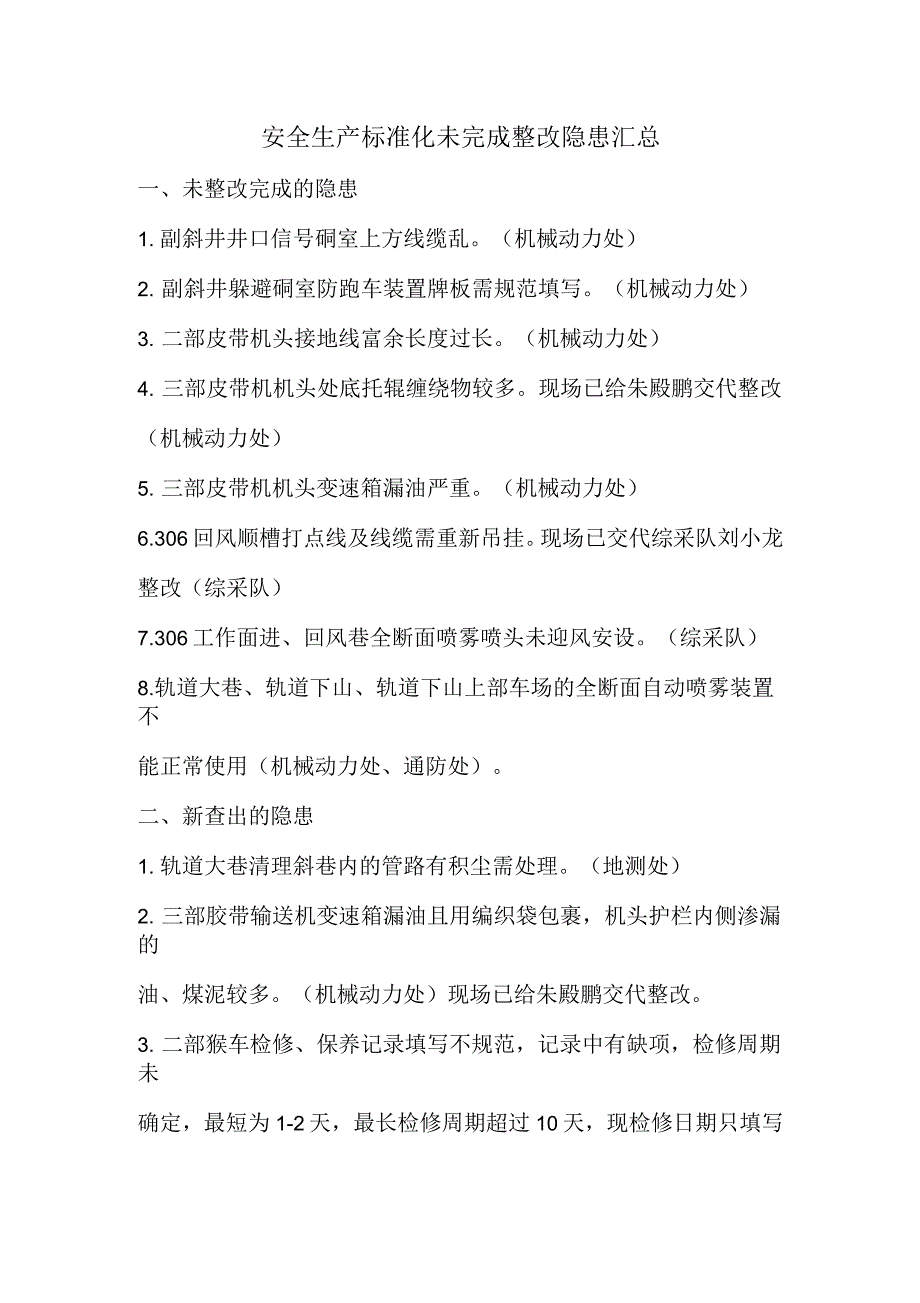 安全生产标准化未完成整改隐患汇总_第1页