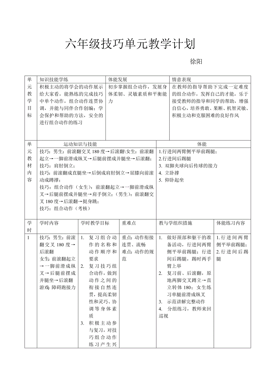 技巧单元教学计划.doc_第1页