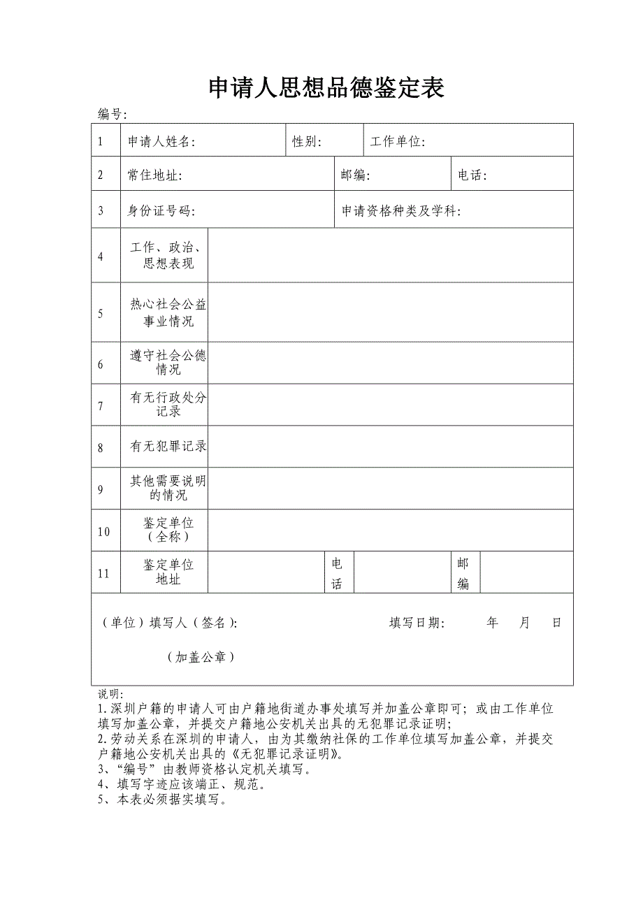 申请人思想品德鉴定表3618_第1页