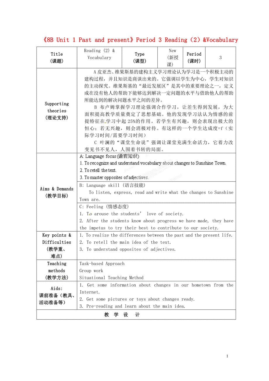 江苏省海安县大公初级中学八年级英语下册《8B Unit 1 Past and present》Period 3 Reading（2）&amp;Vocabulary教案 牛津版_第1页