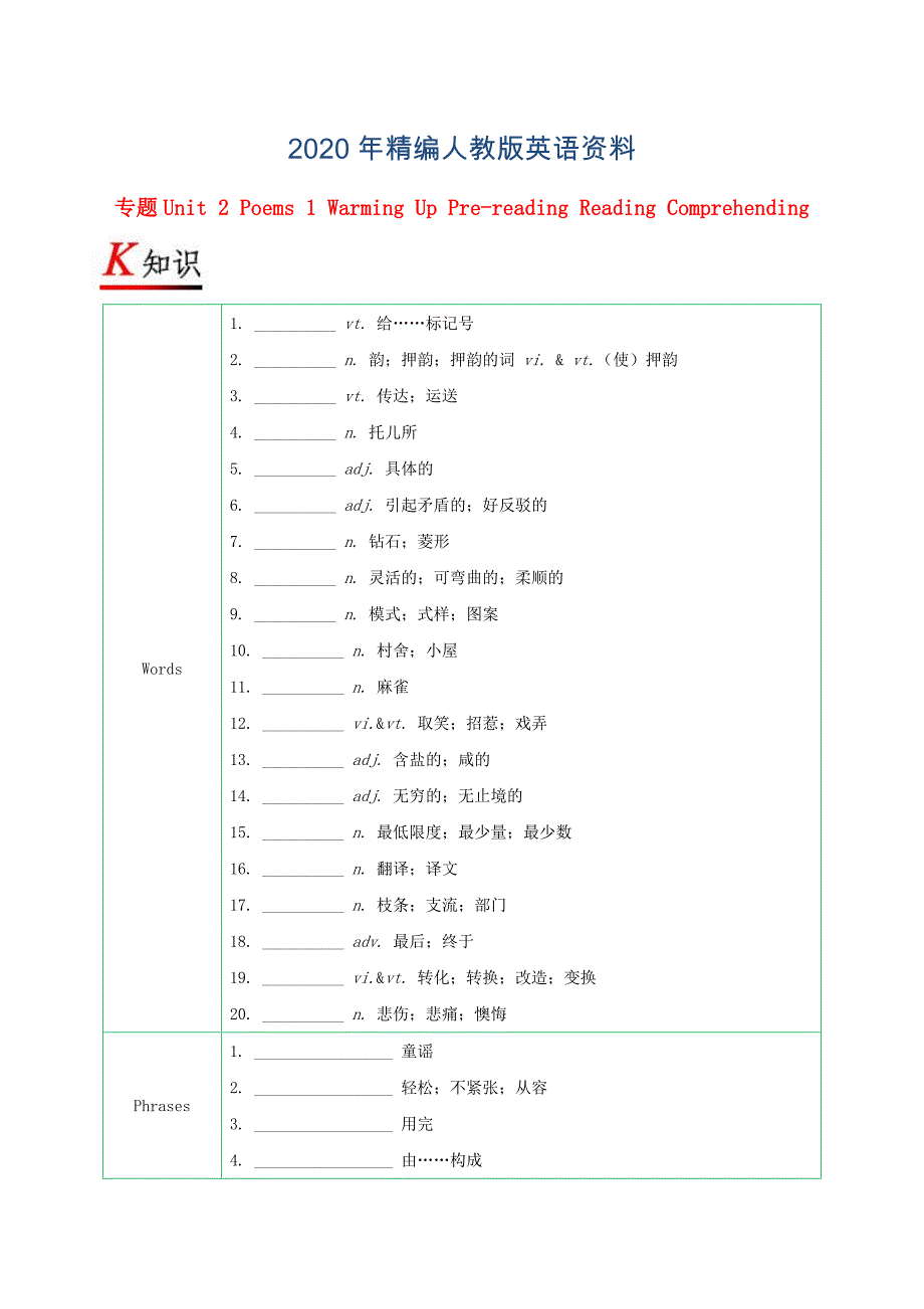 高中英语专题Unit2Poems1WarmingUpPrereadingReadingComprehending试题含解析人教版选修_第1页