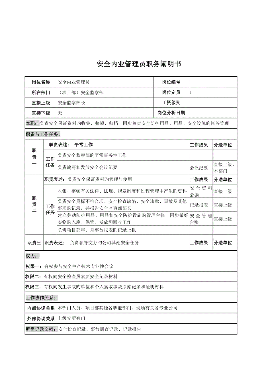 安全内业管理员岗位专项说明书_第1页