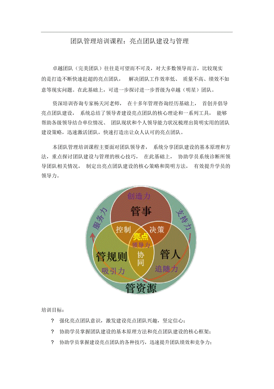 团队管理培训课程：亮点团队建设与管理(杨天河)_第1页