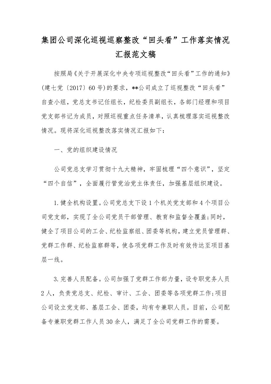 集团公司深化巡视巡察整改“回头看”工作落实情况汇报范文稿_第1页