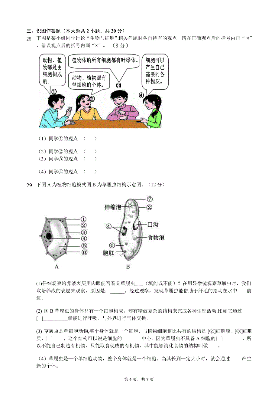 苏科版七年级生物下册第四单元第九章《生物体有相似的结构层次》测试卷(含答案)_第4页