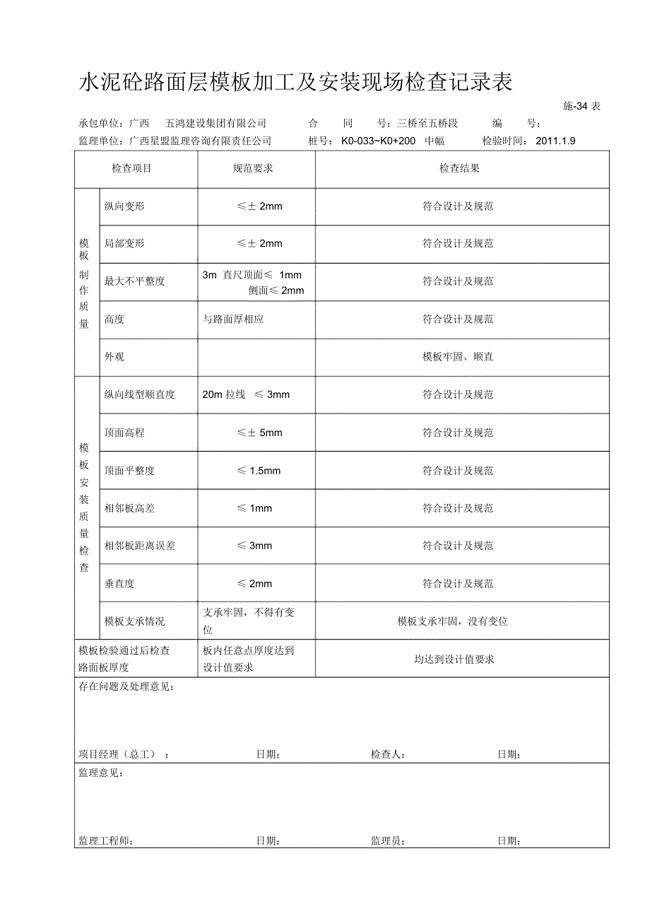 施-34表水泥混凝土路面层模板加工及安装现场检查记录表_第1页