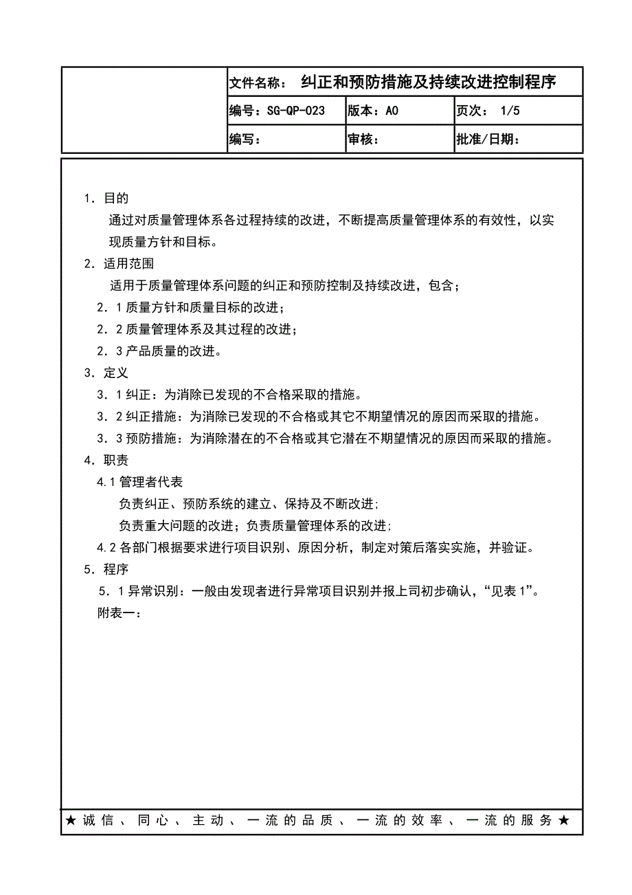 某电子厂ISO体系管理品质部QP023纠正和预防措施及持续改进控制程序_第1页