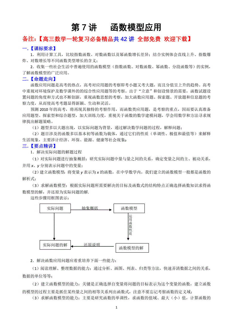 高三数学一轮复习必备精品07：函数模型应用.doc_第1页