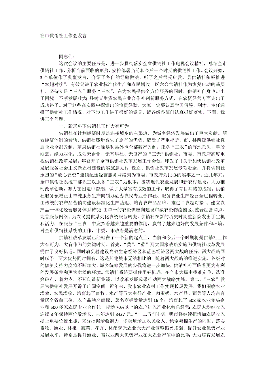 在市供销社工作会发言_第1页