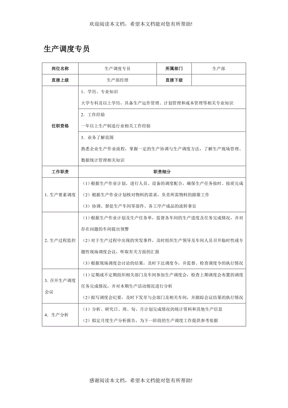 生产部生产调度专员岗位工作职责_第1页