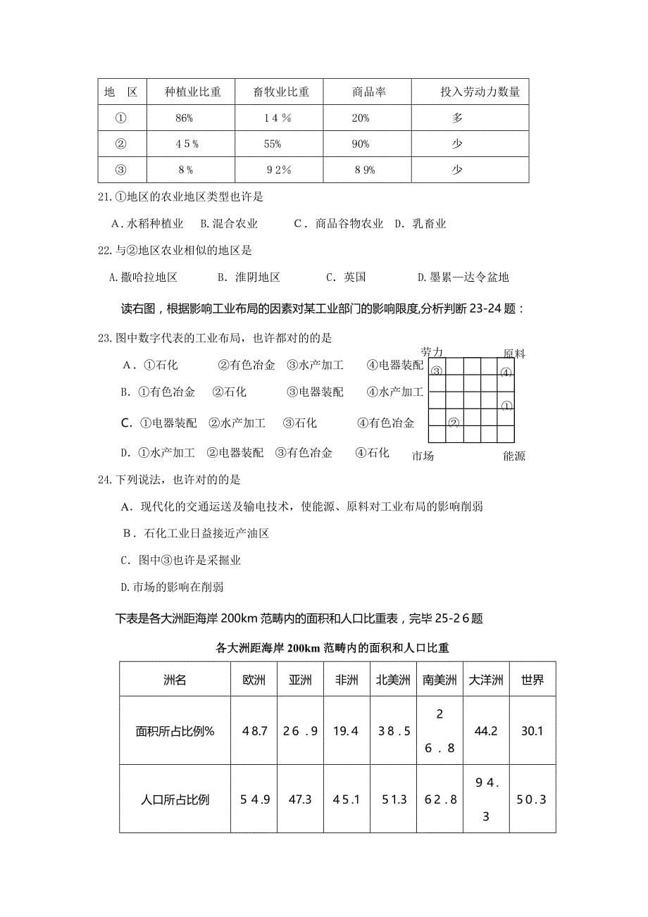 鲁教版高中地理必修2期末测试2_第5页