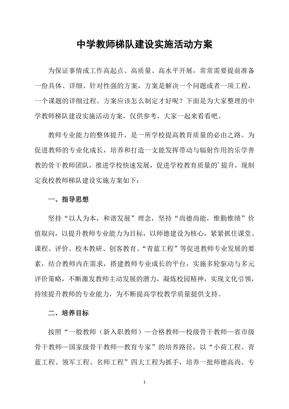 中学教师梯队建设实施活动方案_第1页