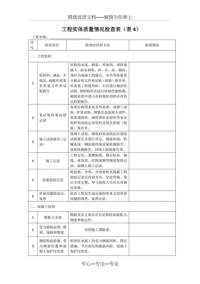 工程实体质量情况检查表