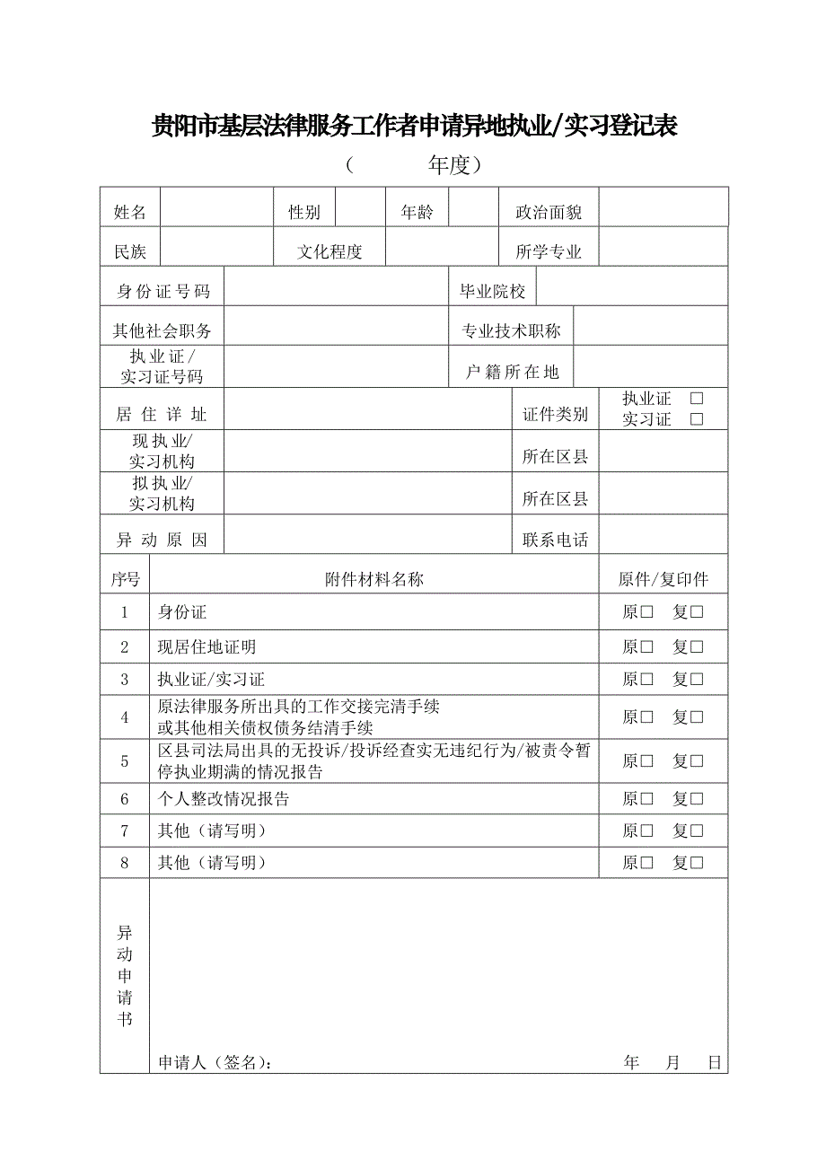 贵阳市基层法律服务工作者申请异地执业实习登记表.doc_第1页