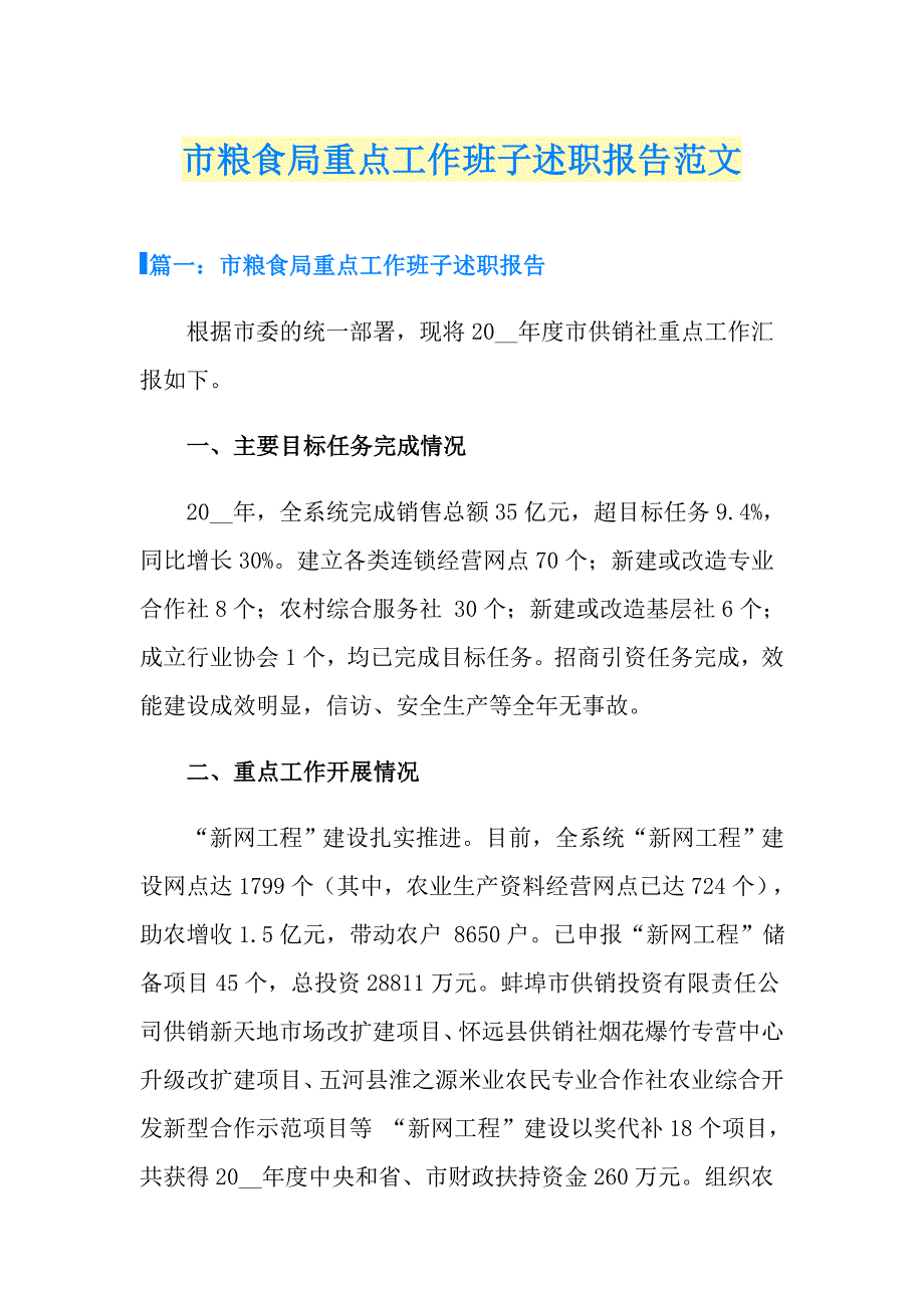 市粮食局重点工作班子述职报告范文_第1页