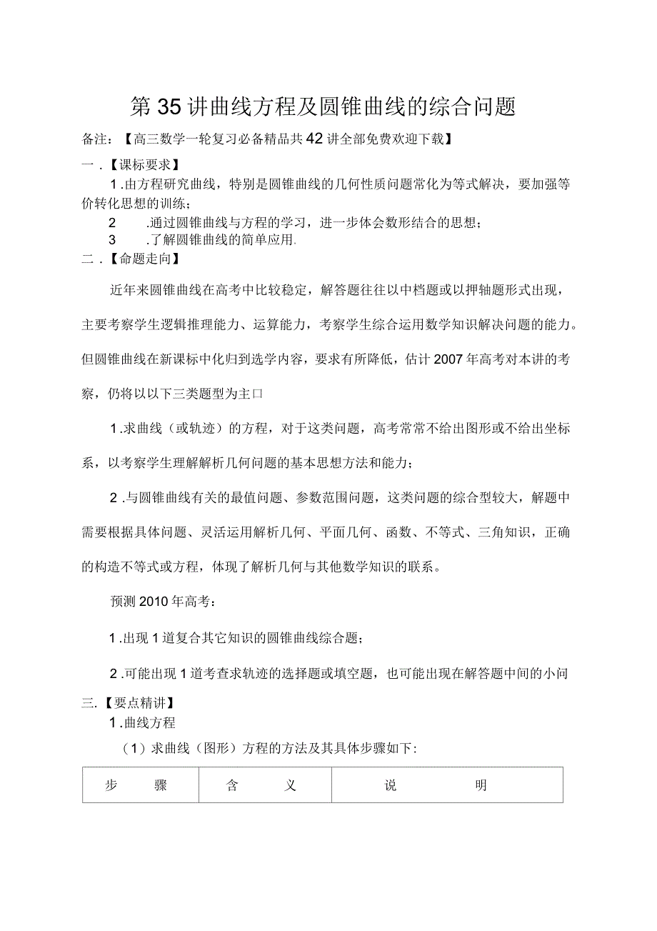 高三数学一轮复习必备曲线方程及圆锥曲线的综合问题_第1页