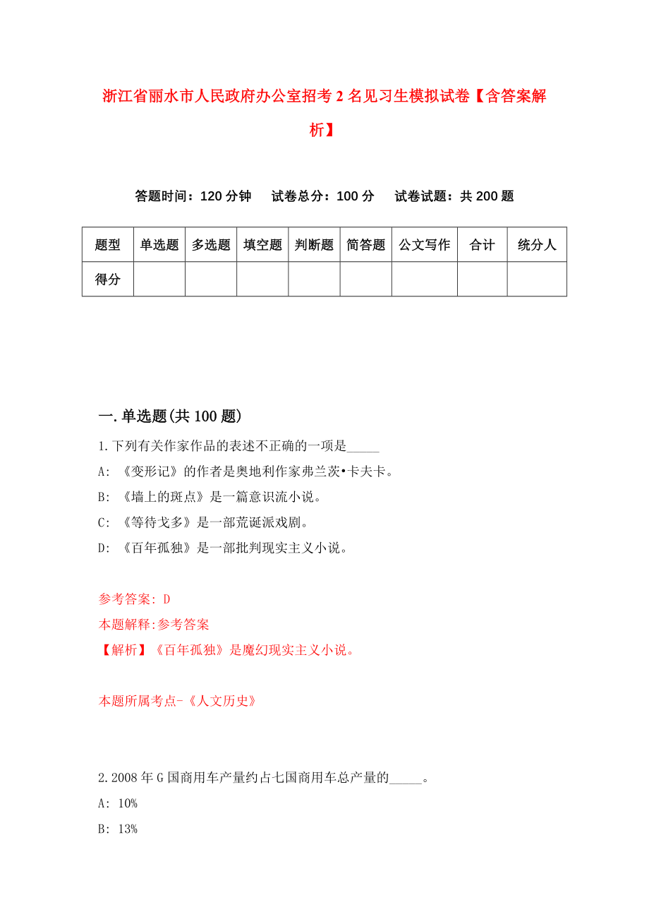 浙江省丽水市人民政府办公室招考2名见习生模拟试卷【含答案解析】_8_第1页