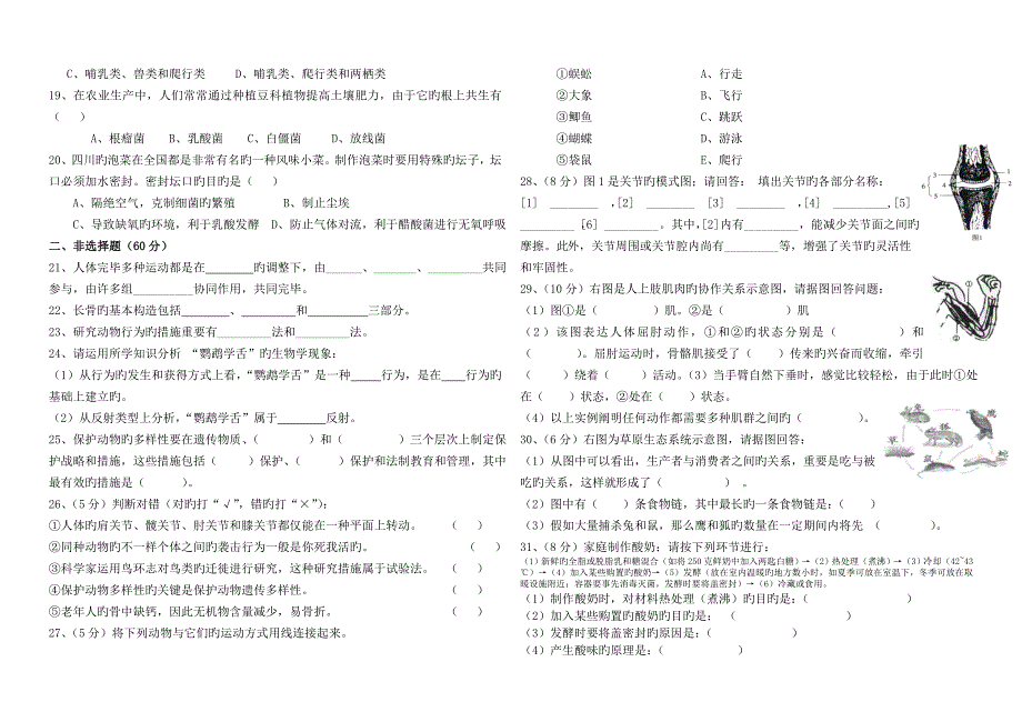 北师大版八年级生物上册期中考试试卷及参考答案_第2页