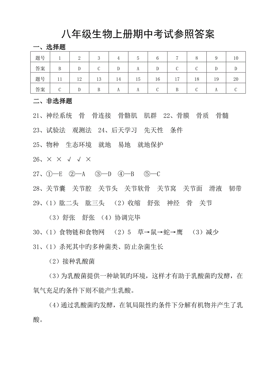 北师大版八年级生物上册期中考试试卷及参考答案_第4页