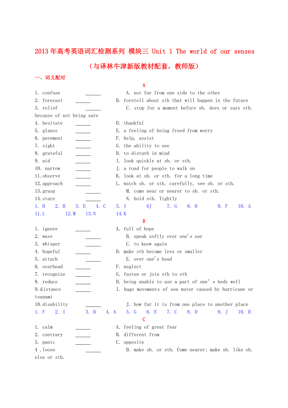 2013年高考英语 新教材配套词汇检测系列 模块三 Unit 1 The world of our senses（教师版） 译林牛津版_第1页