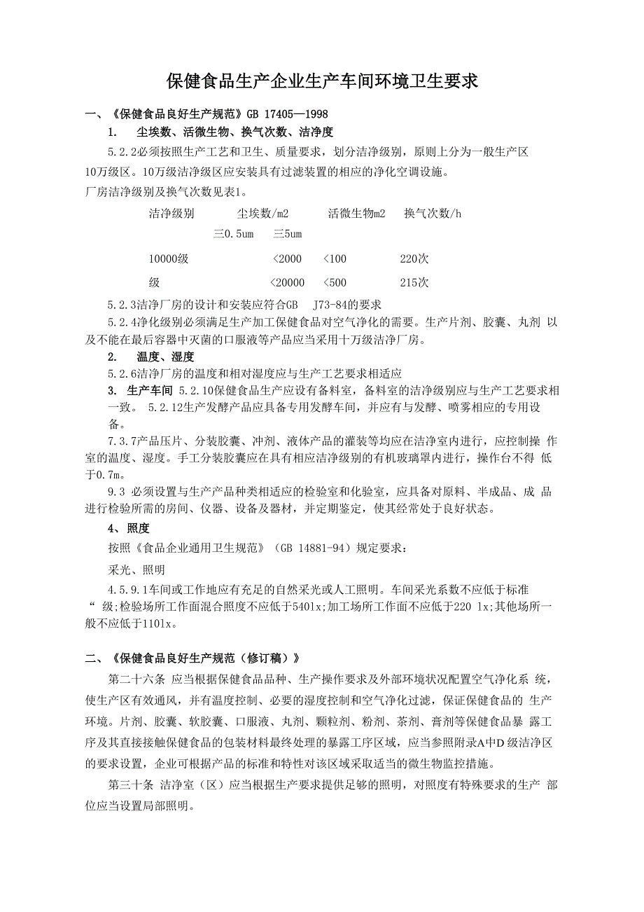 保健食品生产企业生产车间环境卫生要求及检测指标选取_第1页