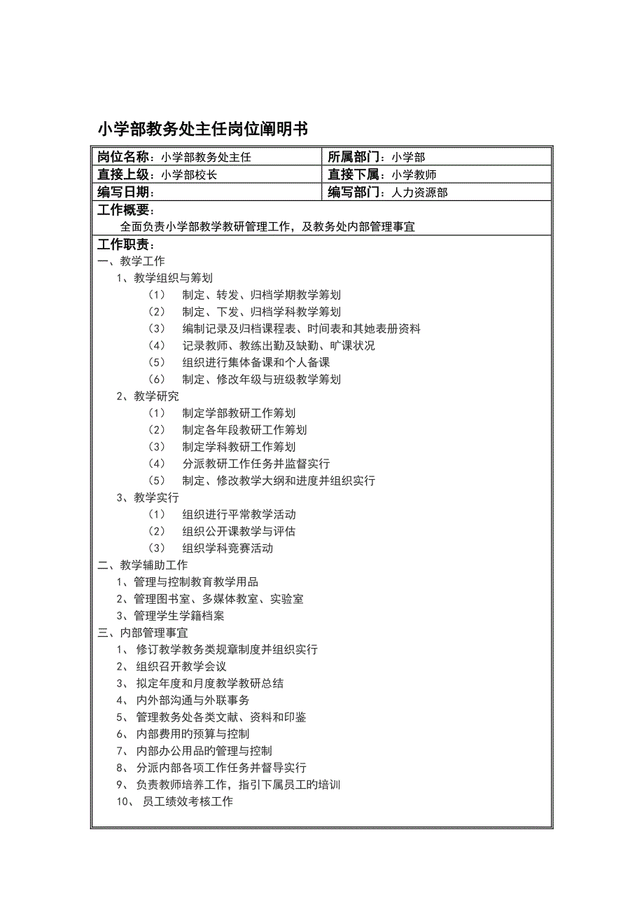 小学部教务处主任岗位专项说明书_第1页